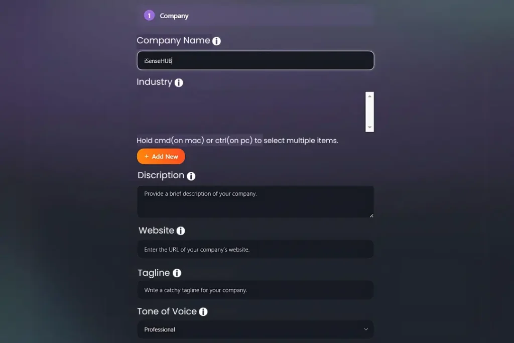 Form interface showing fields to input company details, tone of voice, audience, and brand colors on iSense Hub