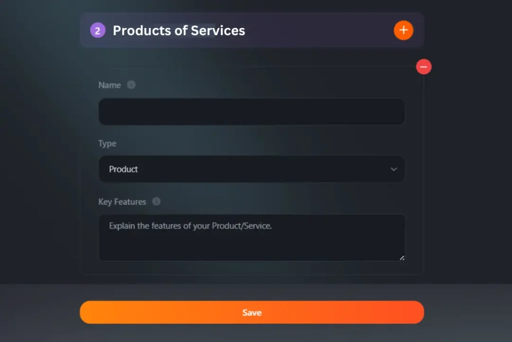 Dashboard showing product and service entry fields with key features and Brand Voice customization on iSense Hub