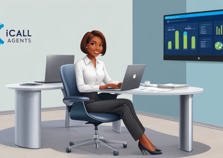 Businesswoman working on a laptop at a modern office with iCall Agents logo, analyzing data on a screen in a professional setting