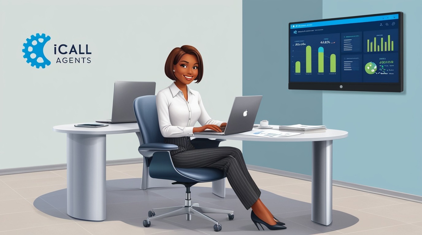 Businesswoman working on a laptop at a modern office with iCall Agents logo, analyzing data on a screen in a professional setting
