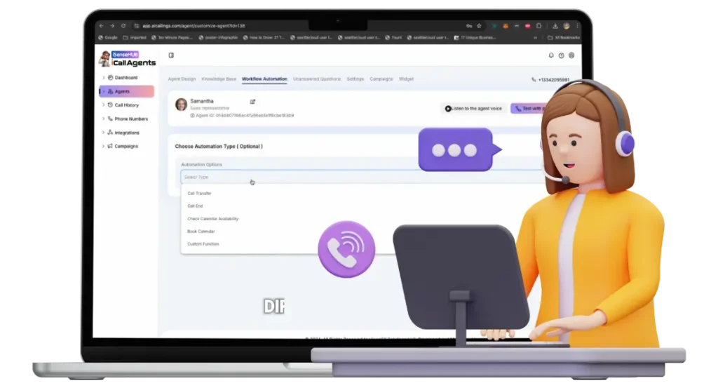 AI virtual calling agent assisting a customer with support and frequently asked questions over the phone